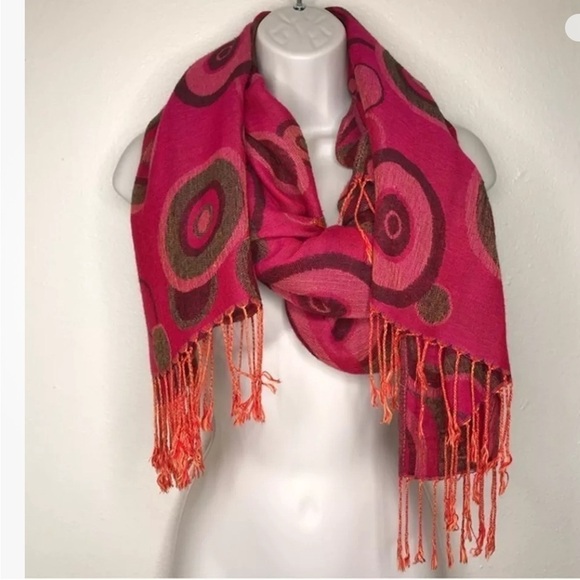 Pashmina silk Reversible Circle Dots fringed pink brown Gold Scarf Approx 69x27 - Picture 1 of 14